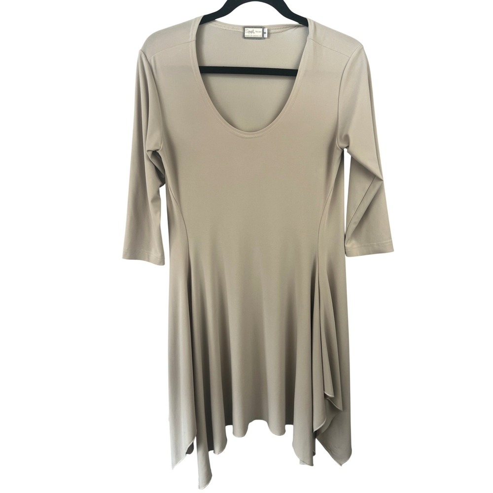 Sympli Liquid Knit Tan Tunic Top Dress SZ‎ S Shark Bite Asymmetrical Hem